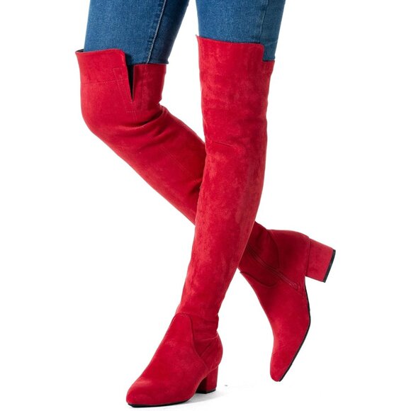 Women Red\2Inch Suede Over the Knee Thigh High Chunky Block Heel Winter Boots - Picture 2 of 5